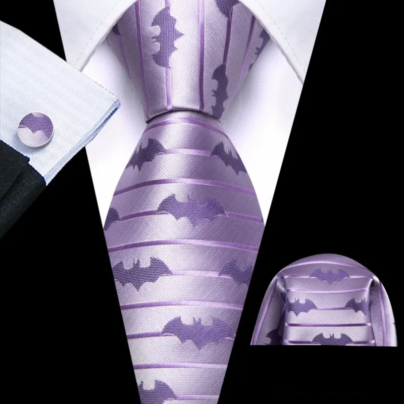 Barry. Wang Bat Tie Jacquard Lavender Purple Bat Black Novelty Necktie Hanky Cufflinks Set sold by Barrywang