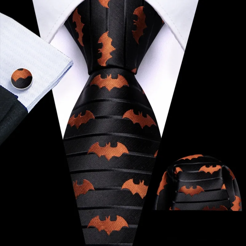 Barry. Wang Bat Tie Jacquard Orange Bat Black Novelty Necktie Hanky Cufflinks Set sold by Barrywang