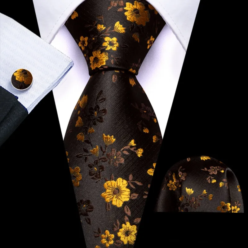 Barry.Wang Men's Dark Lava and Yellow Floral Tie for Men Silk Necktie Set sold by Barrywang