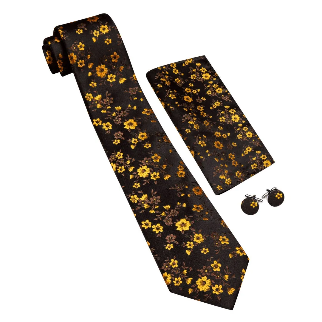 Barry. Wang Men's Dark Lava and Yellow Floral Tie for Men Silk Necktie Set sold by Barrywang product image thumbnail 4