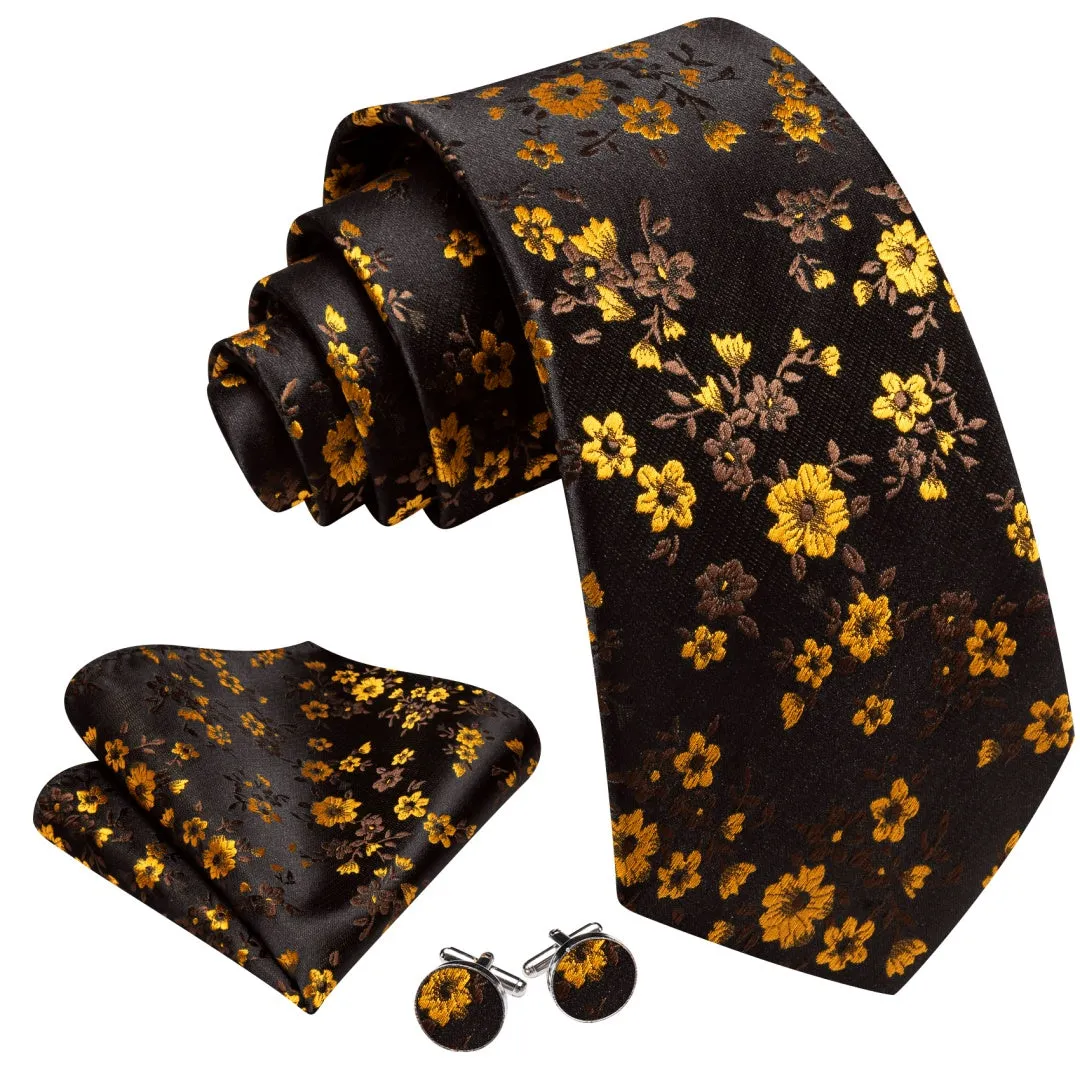 Barry. Wang Men's Dark Lava and Yellow Floral Tie for Men Silk Necktie Set sold by Barrywang product image thumbnail 2