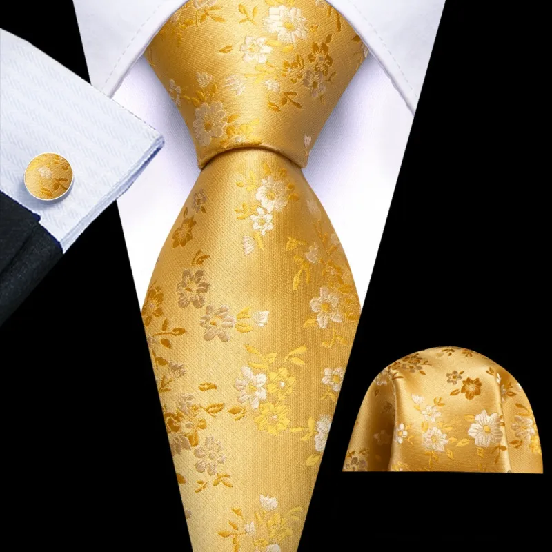Barry. Wang Mens Yellow Floral Ties for Men Wedding Necktie Set sold by Barrywang