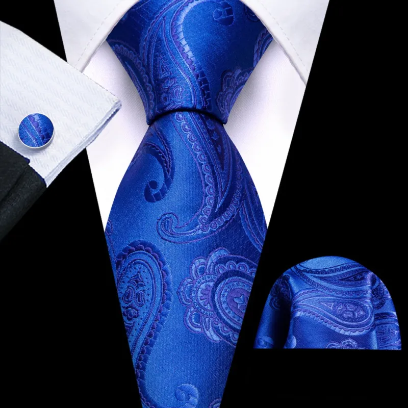 Barry.Wang Mens Blue Paisley Tie for Men Silk Necktie Set sold by Barrywang
