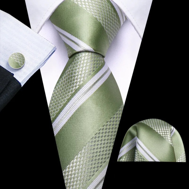 Barry. Wang Mens Sage Green White Striped Tie Set for Men sold by Barrywang