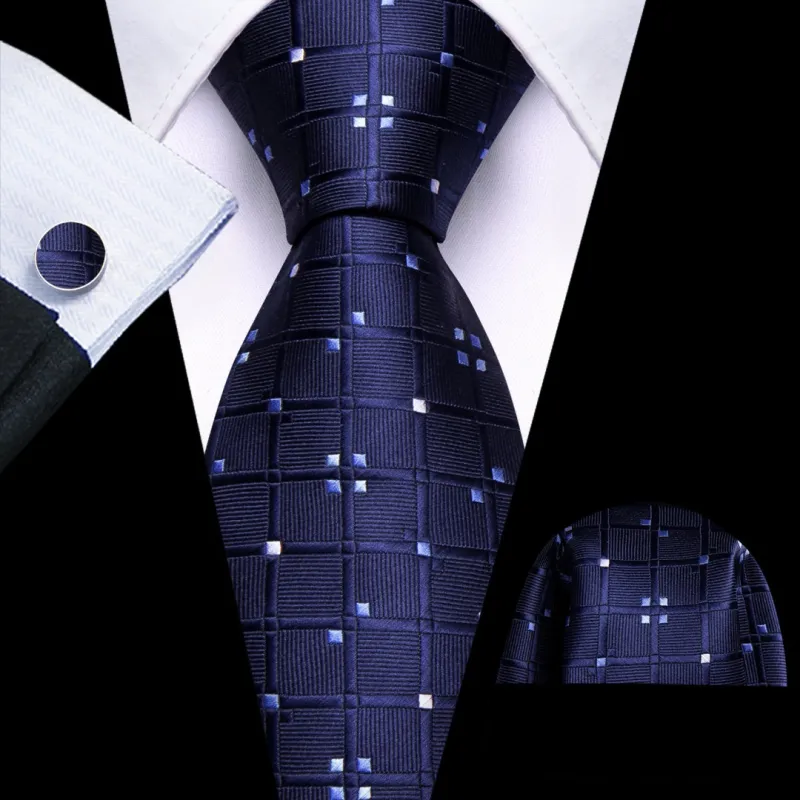 Barry.Wang Mens Dark-Midnight Blue White Plaid Ties for Men Silk Necktie Set sold by Barrywang
