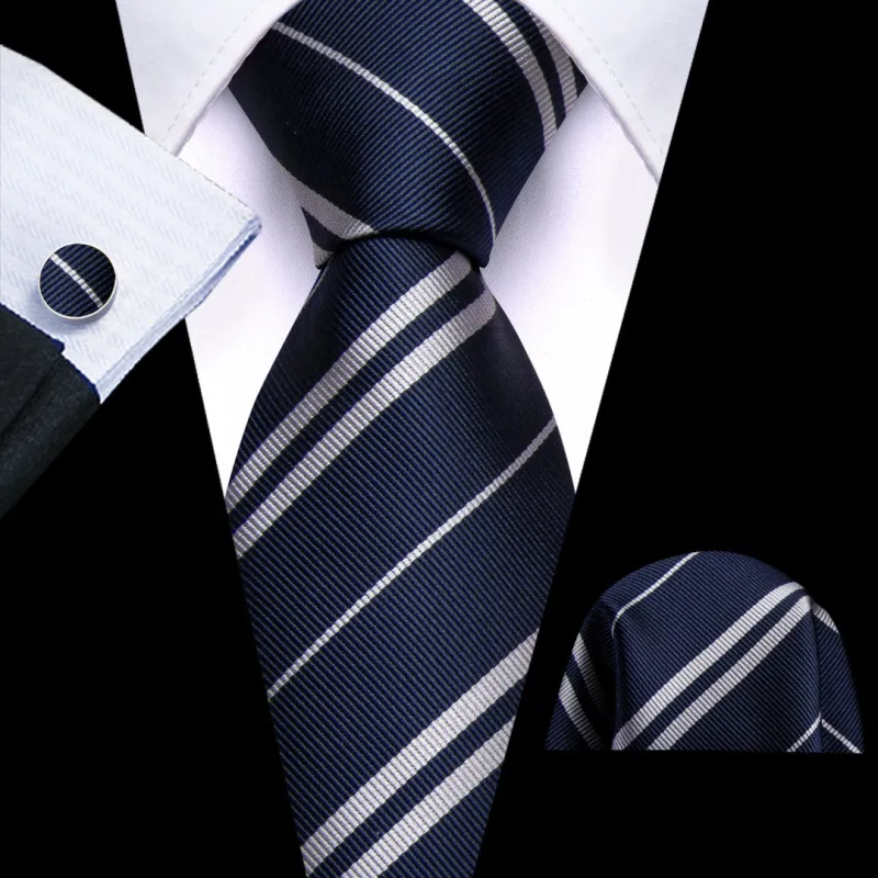 Barry.Wang Mens Prussian Blue Silver Striped Ties for Men sold by Barrywang