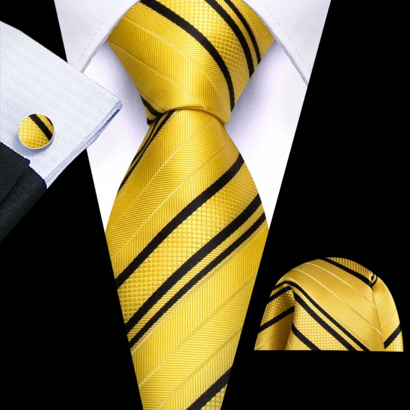 Barry. Wang Mens Golden Yellow Black Striped Tie Set for Men sold by Barrywang