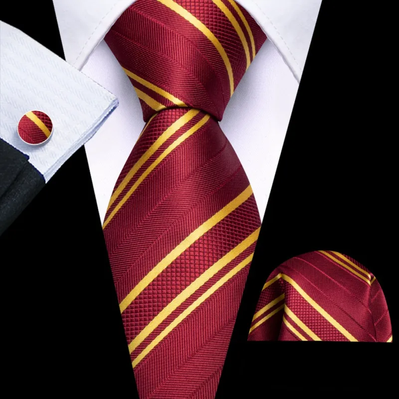 Barry. Wang Mens Burgundy Gold Striped Repp Tie Pocket Square Cufflinks Set sold by Barrywang