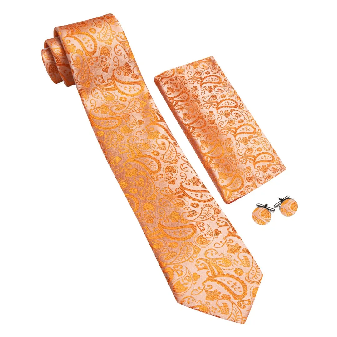 Barry. Wang Mens Orange Tie Paisley Designer Wedding Tie Pocket Square Cufflinks Set sold by Barrywang product image thumbnail 3