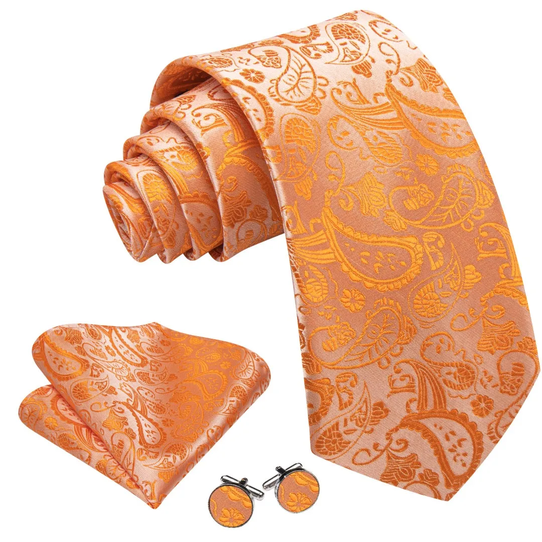 Barry. Wang Mens Orange Tie Paisley Designer Wedding Tie Pocket Square Cufflinks Set sold by Barrywang product image thumbnail 2