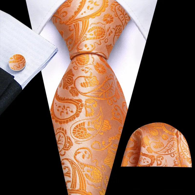 Barry.Wang Mens Orange Tie Paisley Designer Wedding Tie Pocket Square Cufflinks Set sold by Barrywang
