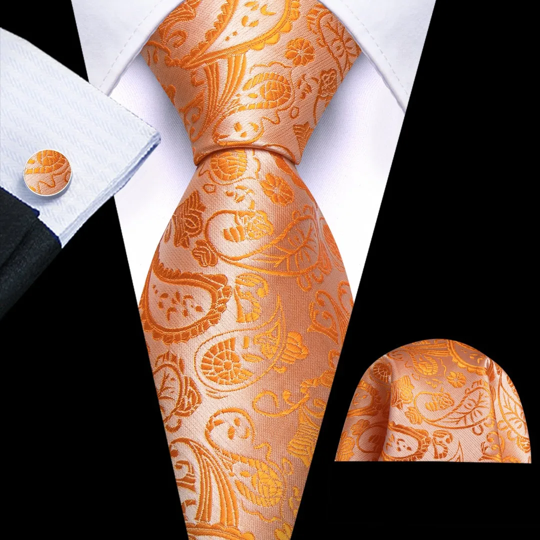 Barry. Wang Mens Orange Tie Paisley Designer Wedding Tie Pocket Square Cufflinks Set sold by Barrywang