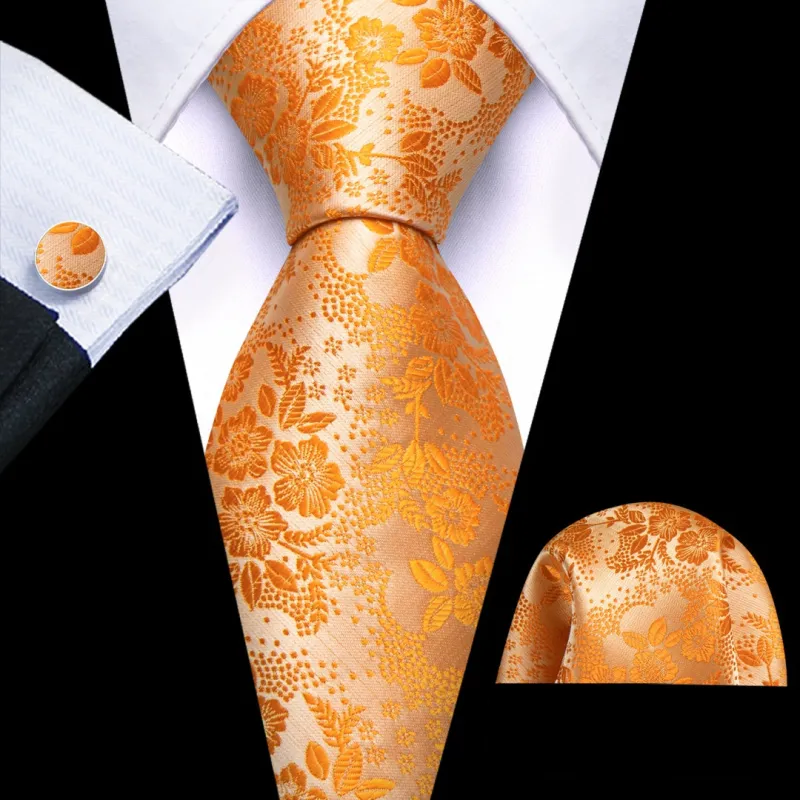 Barry.Wang Mens Orange Tie Floral Designer Tie Pocket Square Cufflinks Set sold by Barrywang