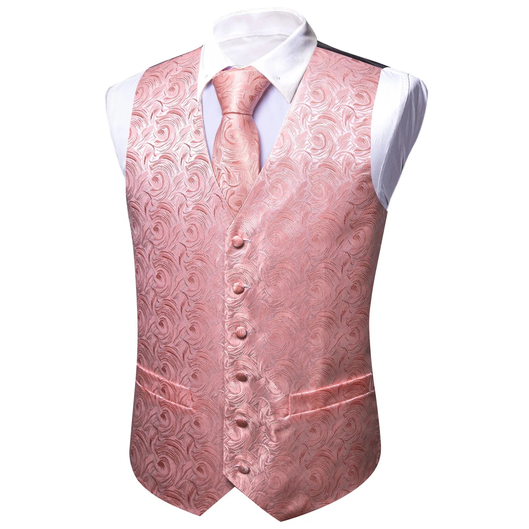Flash Sale Men's Pink Floral Silk Tie Waistcoat Vest Hanky Cufflinks Set sold by Barrywang product image thumbnail 5