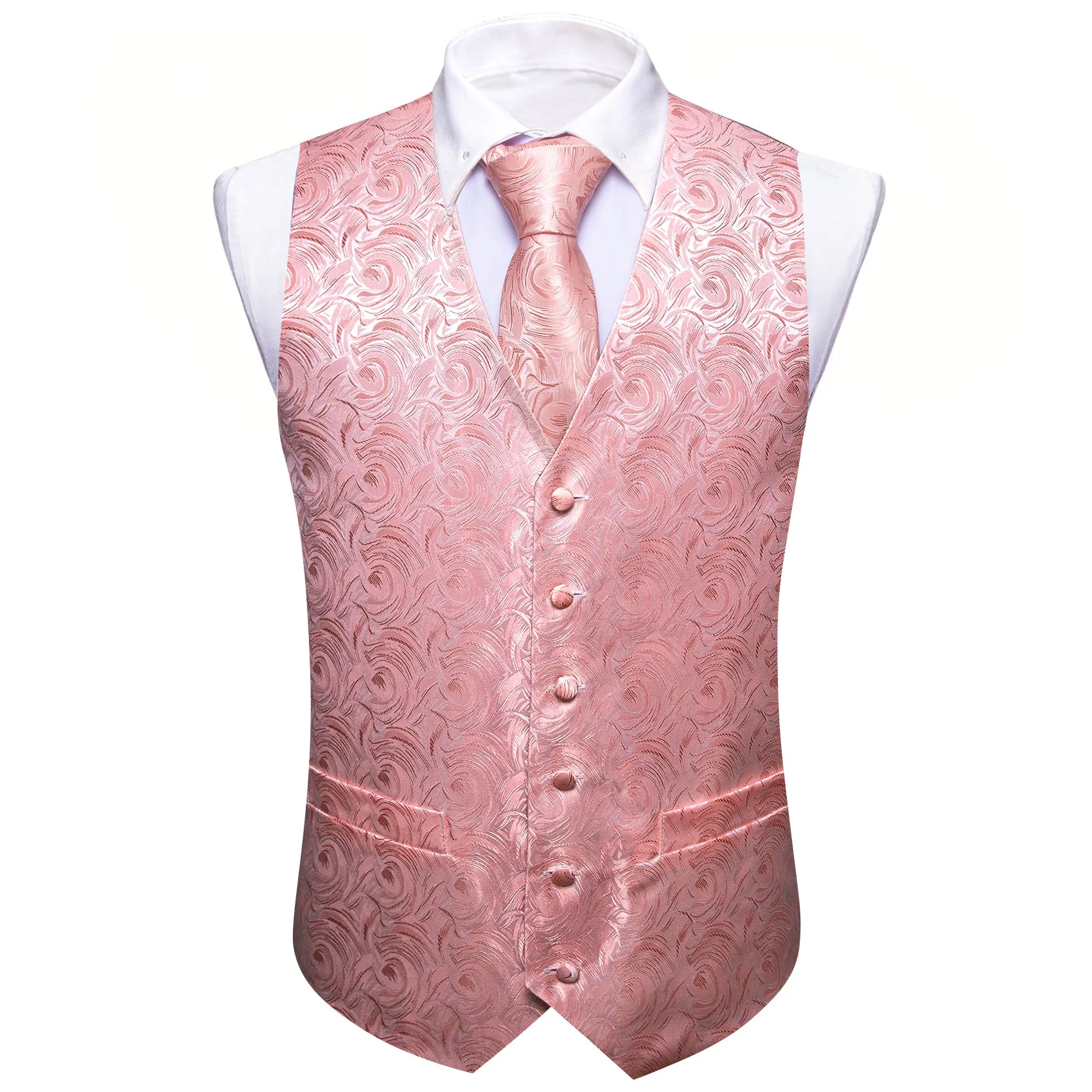 Flash Sale Men's Pink Floral Silk Tie Waistcoat Vest Hanky Cufflinks Set sold by Barrywang product image thumbnail 4