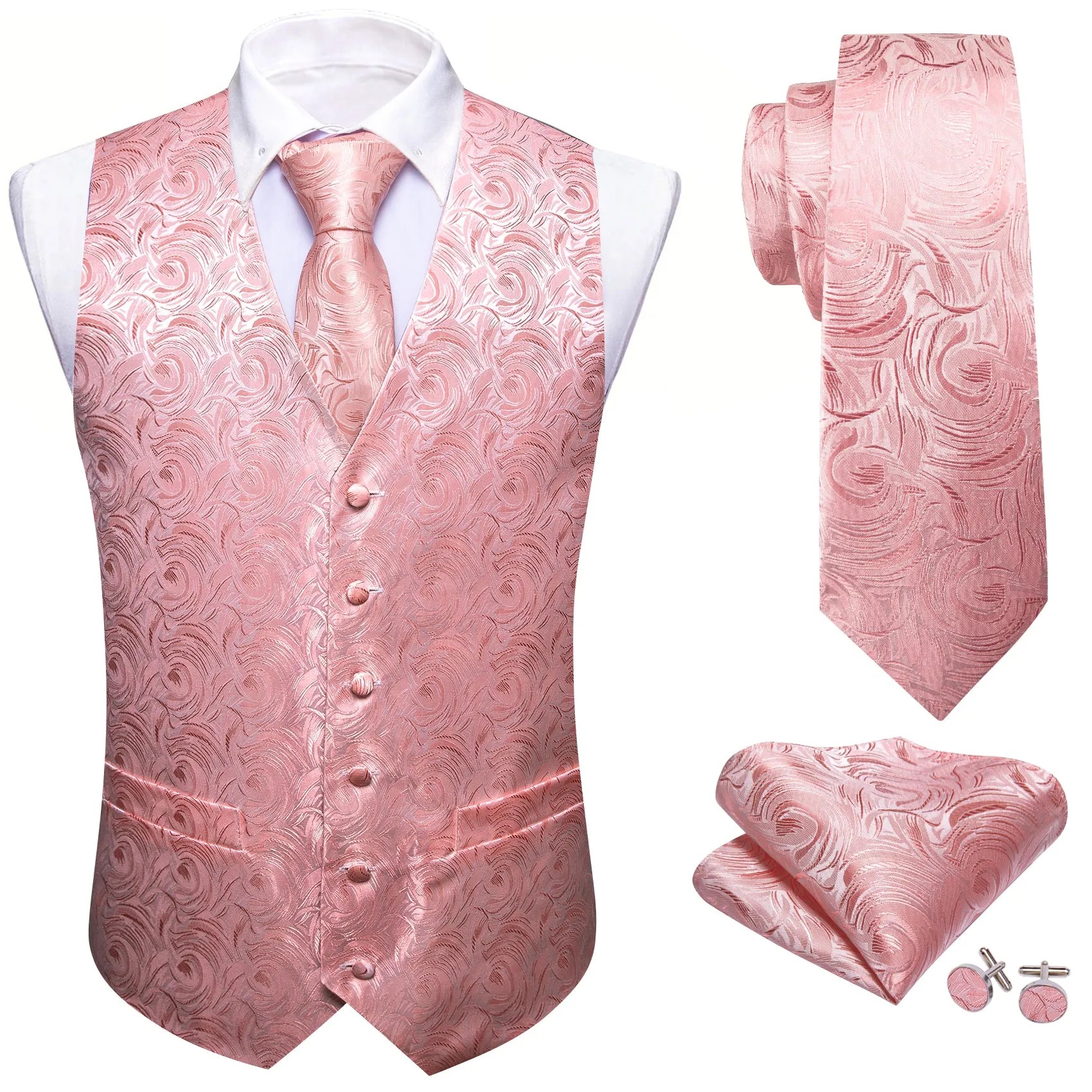 Flash Sale Men's Pink Floral Silk Tie Waistcoat Vest Hanky Cufflinks Set sold by Barrywang product image thumbnail 2