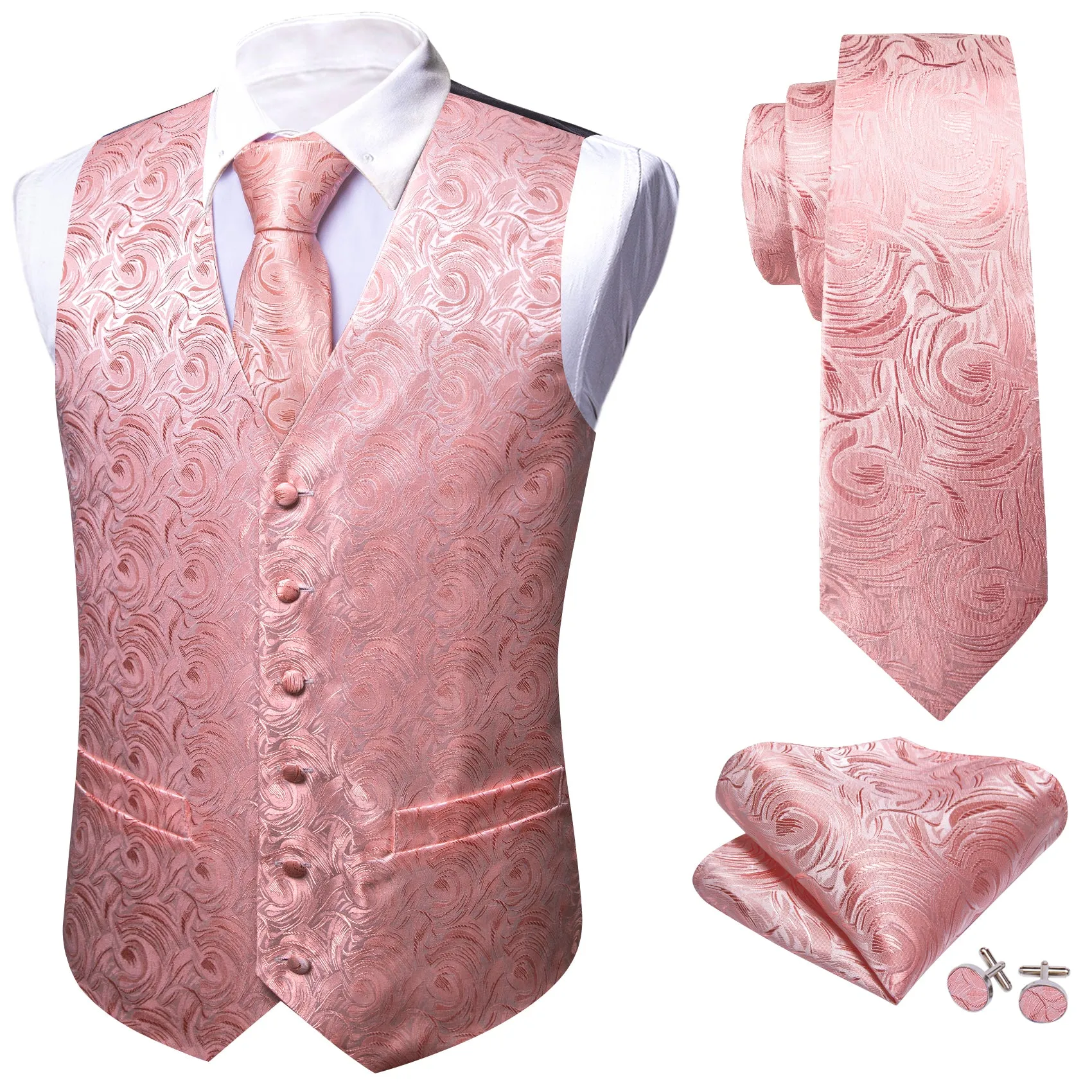 Flash Sale Men's Pink Floral Silk Tie Waistcoat Vest Hanky Cufflinks Set sold by Barrywang product image thumbnail 3