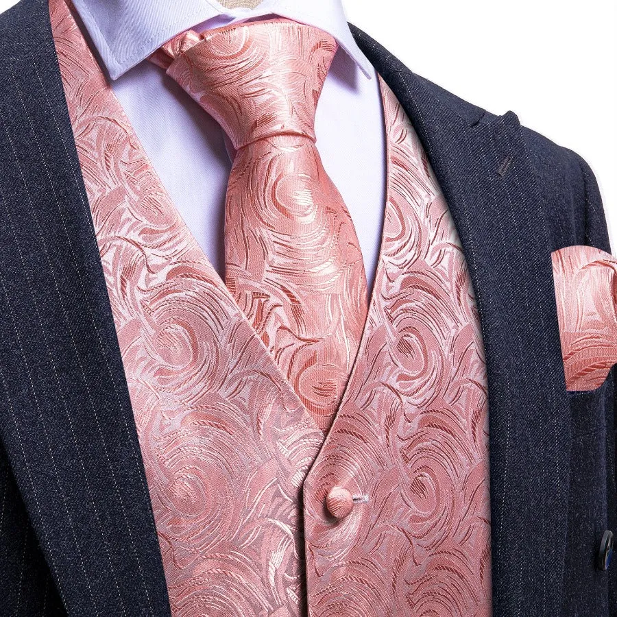 Flash Sale Men's Pink Floral Silk Tie Waistcoat Vest Hanky Cufflinks Set sold by Barrywang