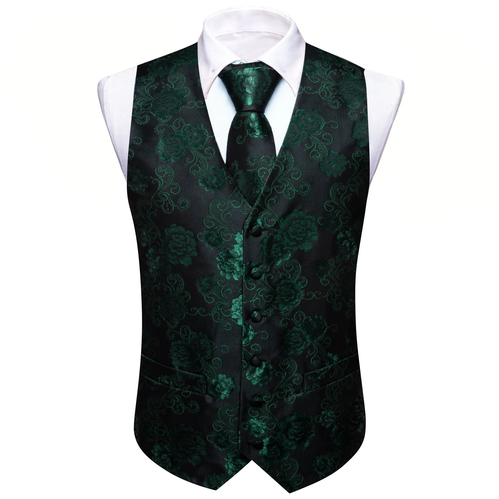 Flash Sale Men's Black Green Flower Silk Tie Waistcoat Vest Hanky Cufflinks Set sold by Barrywang product image thumbnail 2
