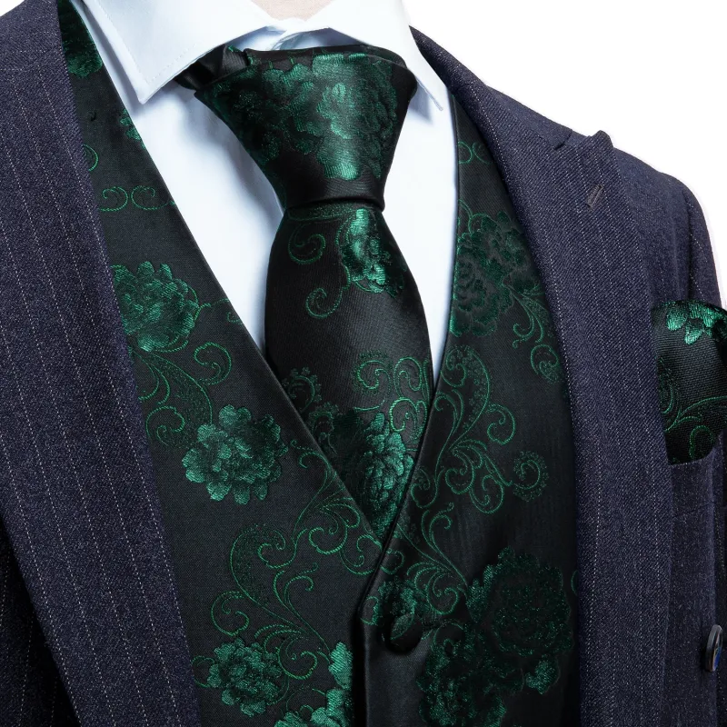 Flash Sale Men's Black Green Flower Silk Tie Waistcoat Vest Hanky Cufflinks Set sold by Barrywang