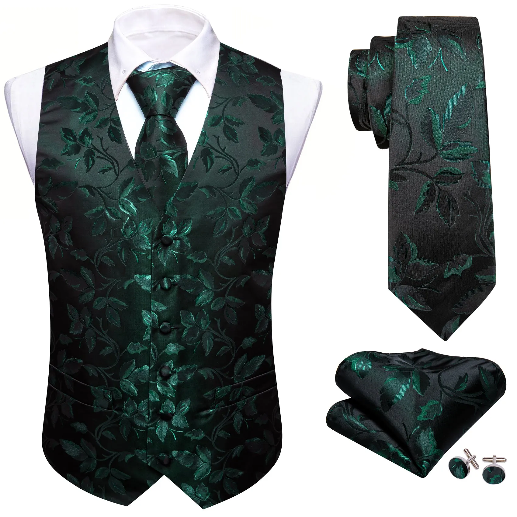 Flash Sale Men's Black Green Flower Silk Tie Waistcoat Vest Hanky Cufflinks Set sold by Barrywang product image thumbnail 5