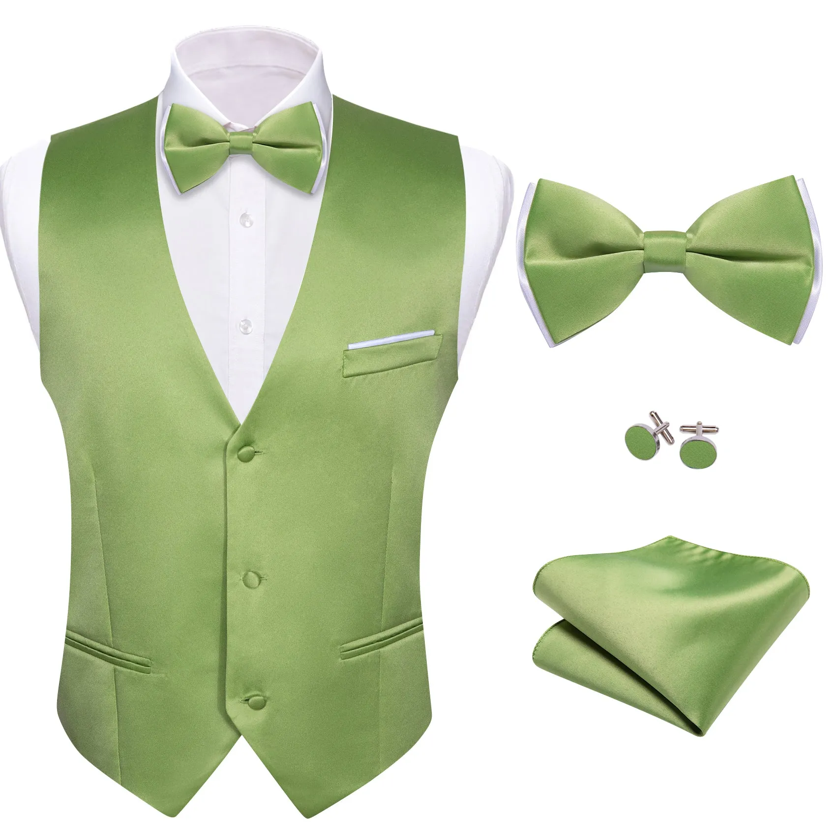 Flash Sale Cobalt Green Solid Silk Vest Bowtie Pocket Square Cufflinks Set sold by Barrywang product image thumbnail 3