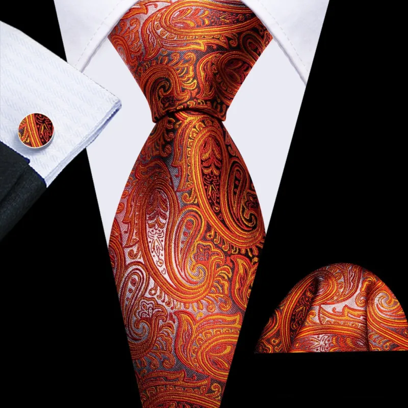 Barry Wang Mens Grey and Burnt Orange Paisley Design Tie Set sold by Barrywang