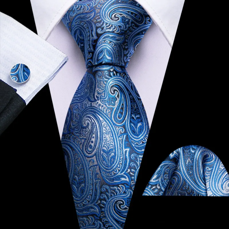 Barry Wang Mens Grey and Dogger Blue Paisley Tie Pocket Square Cufflinks Set sold by Barrywang