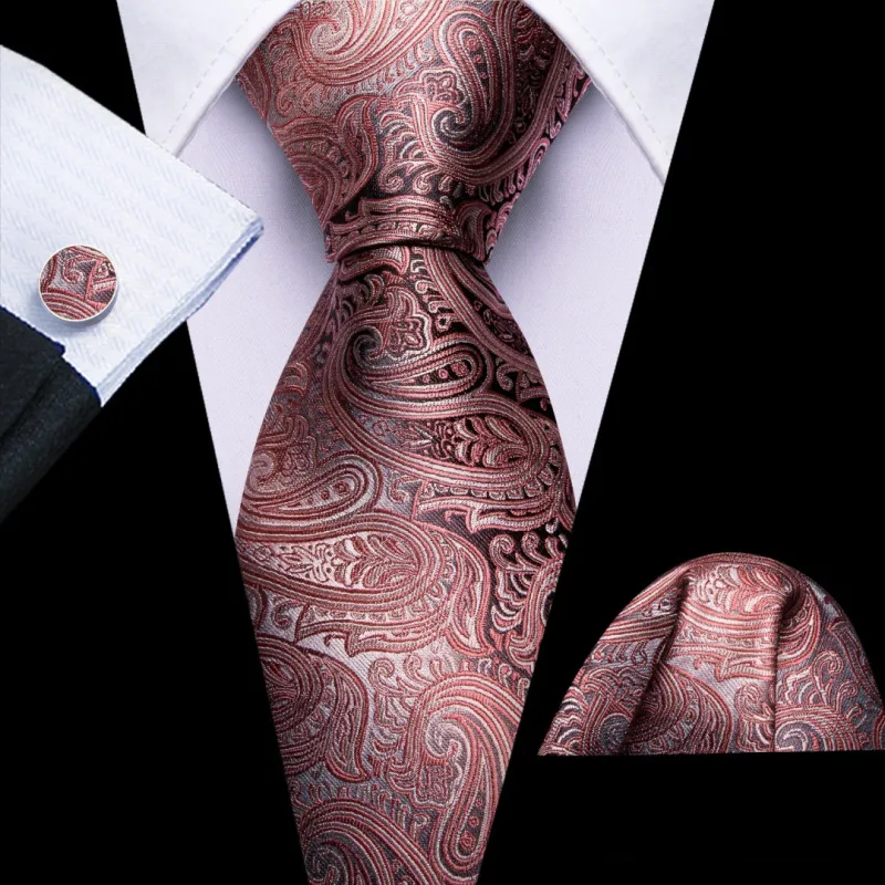Barry. Wang Mens Grey and Rose Gold Paisley Tie Pocket Square Cufflinks Set sold by Barrywang