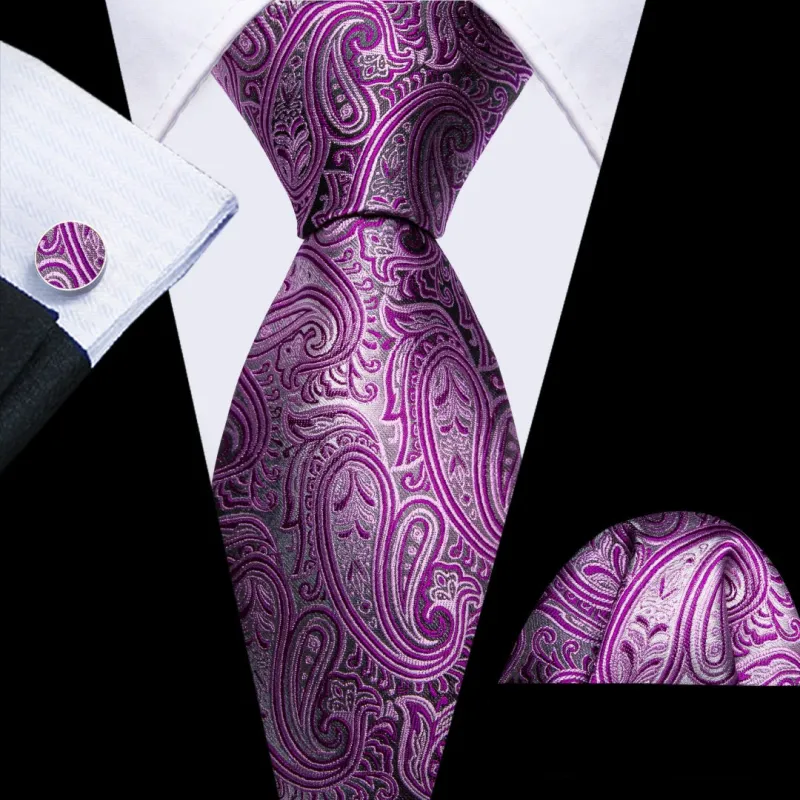 Barry. Wang Mens Paisley Tie Grey and Pink Paisley Design Neck Tie Set made by Barrywang