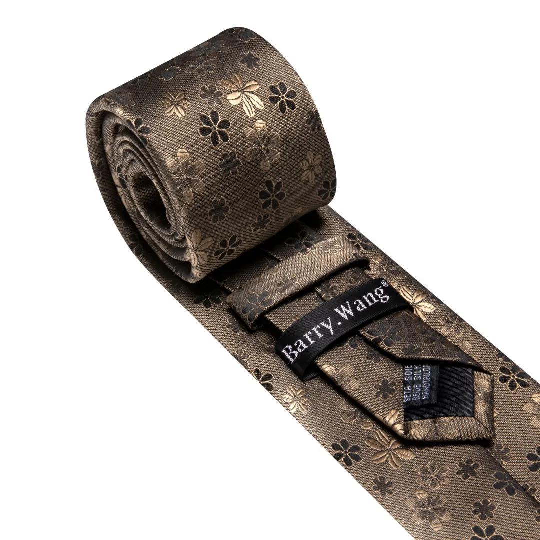 Barry. Wang Silk Mens Pastel Brown Tie Floral Tie Pocket Square Cufflinks Set sold by Barrywang product image thumbnail 5