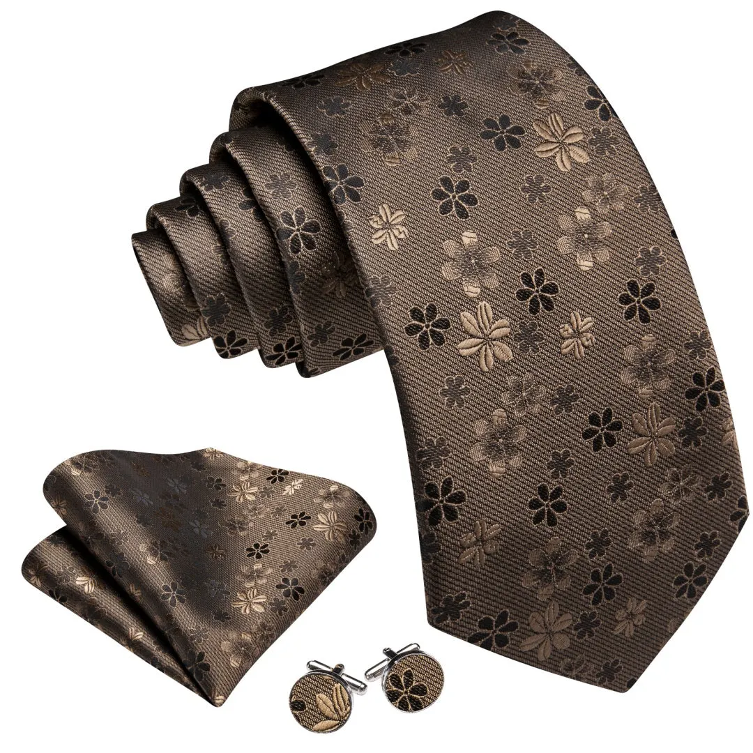 Barry. Wang Silk Mens Pastel Brown Tie Floral Tie Pocket Square Cufflinks Set sold by Barrywang product image thumbnail 2
