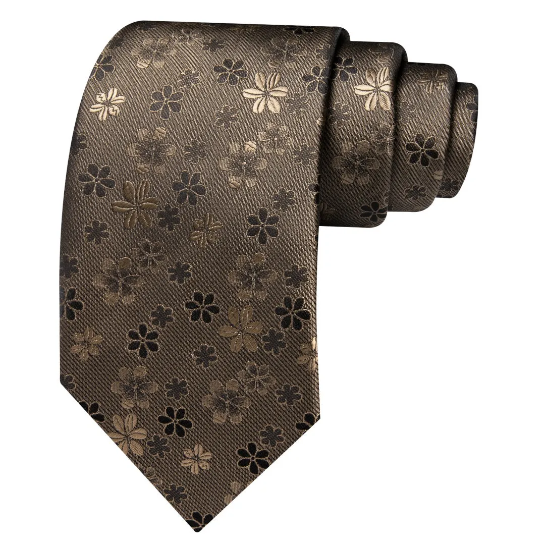 Barry. Wang Silk Mens Pastel Brown Tie Floral Tie Pocket Square Cufflinks Set sold by Barrywang product image thumbnail 3