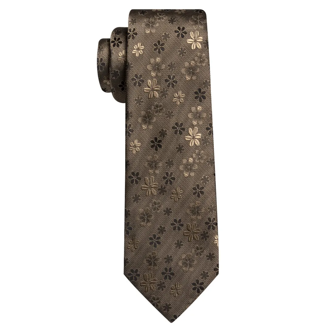 Barry. Wang Silk Mens Pastel Brown Tie Floral Tie Pocket Square Cufflinks Set sold by Barrywang product image thumbnail 4