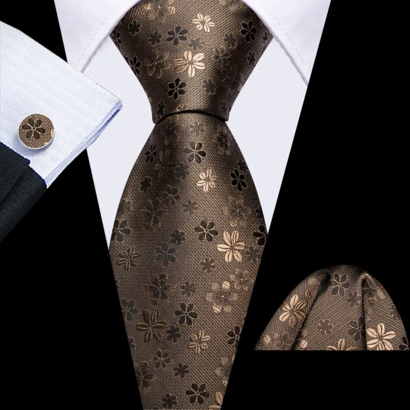 Barry Wang Silk Mens Pastel Brown Tie Floral Tie Pocket Square Cufflinks Set sold by Barrywang