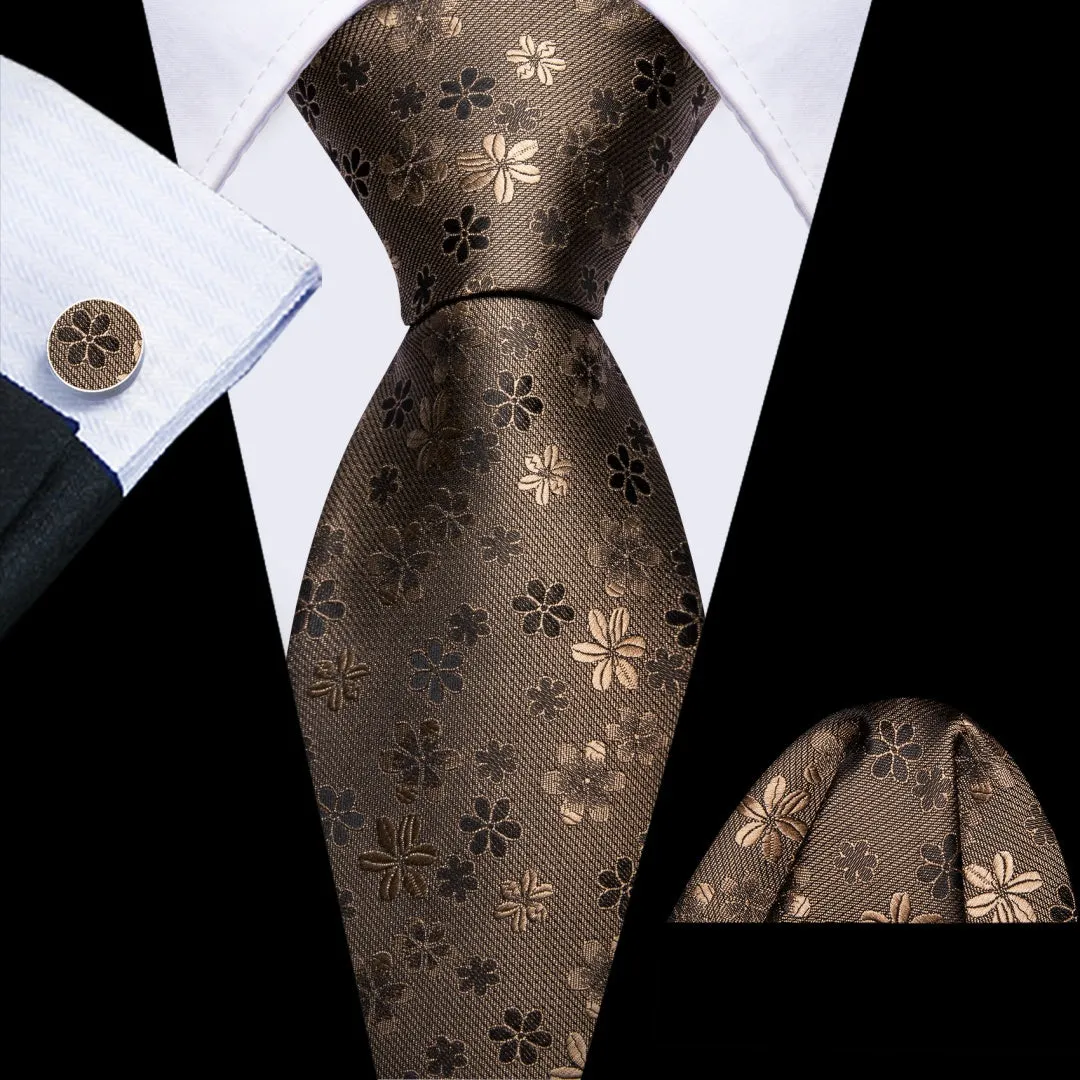 Barry. Wang Silk Mens Pastel Brown Tie Floral Tie Pocket Square Cufflinks Set sold by Barrywang