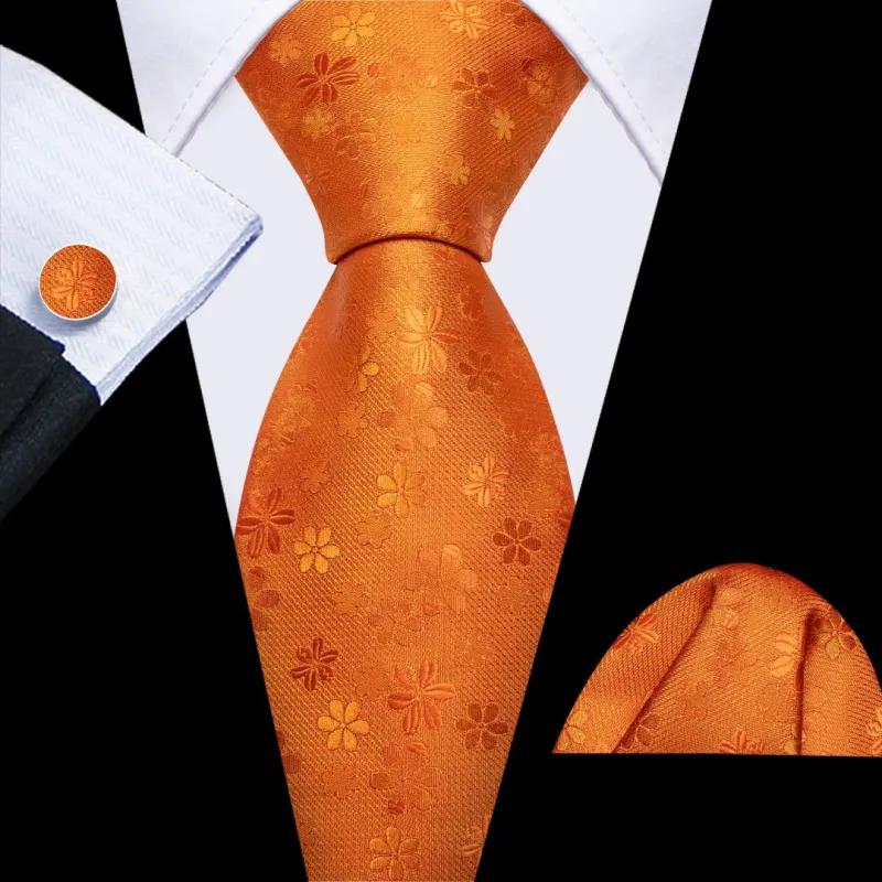 Barry. Wang Silk Mens Dark Orange Floral Tie Pocket Square Cufflinks Tie Set sold by Barrywang