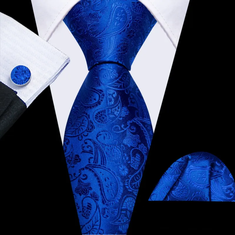 Barry Wang Mens Blue Tie Paisley Necktie Pocket Square Cufflinks Set sold by Barrywang