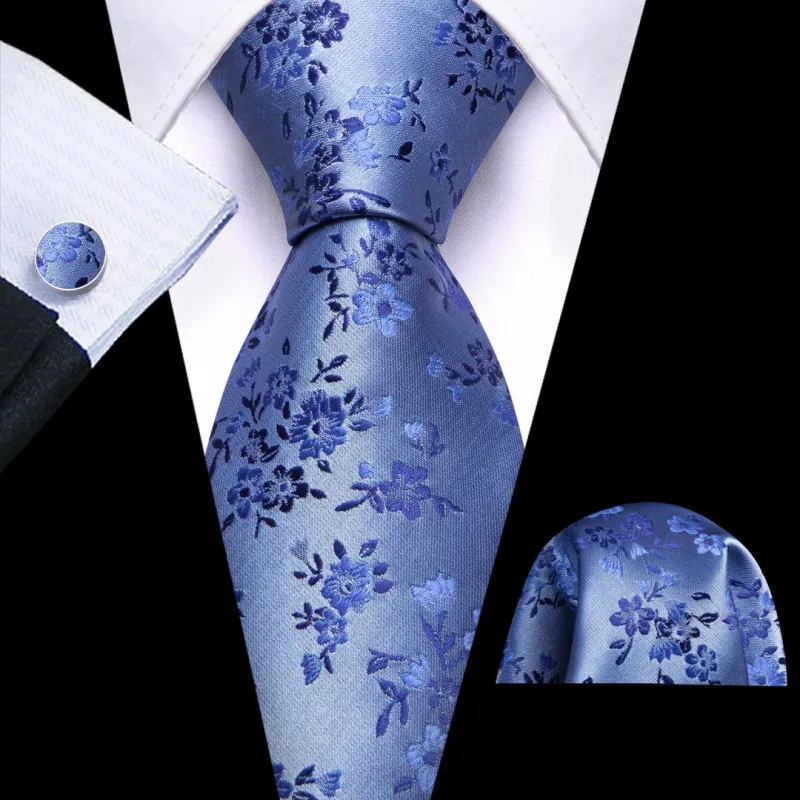 Barry.Wang Silk Ties Royal Blue Floral Ties for Wedding Mens Tie Set sold by Barrywang