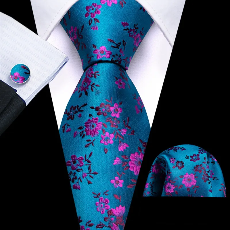 Barry.Wang Silk Ties Cerulean Blue and Purple Floral Ties for Wedding sold by Barrywang