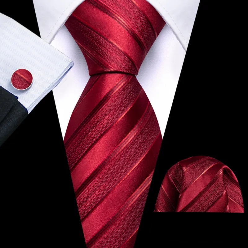 Barry Wang Silk Ties Red Color Tie Striped Ties and Pockt Squar Cufflinks Set sold by Barrywang