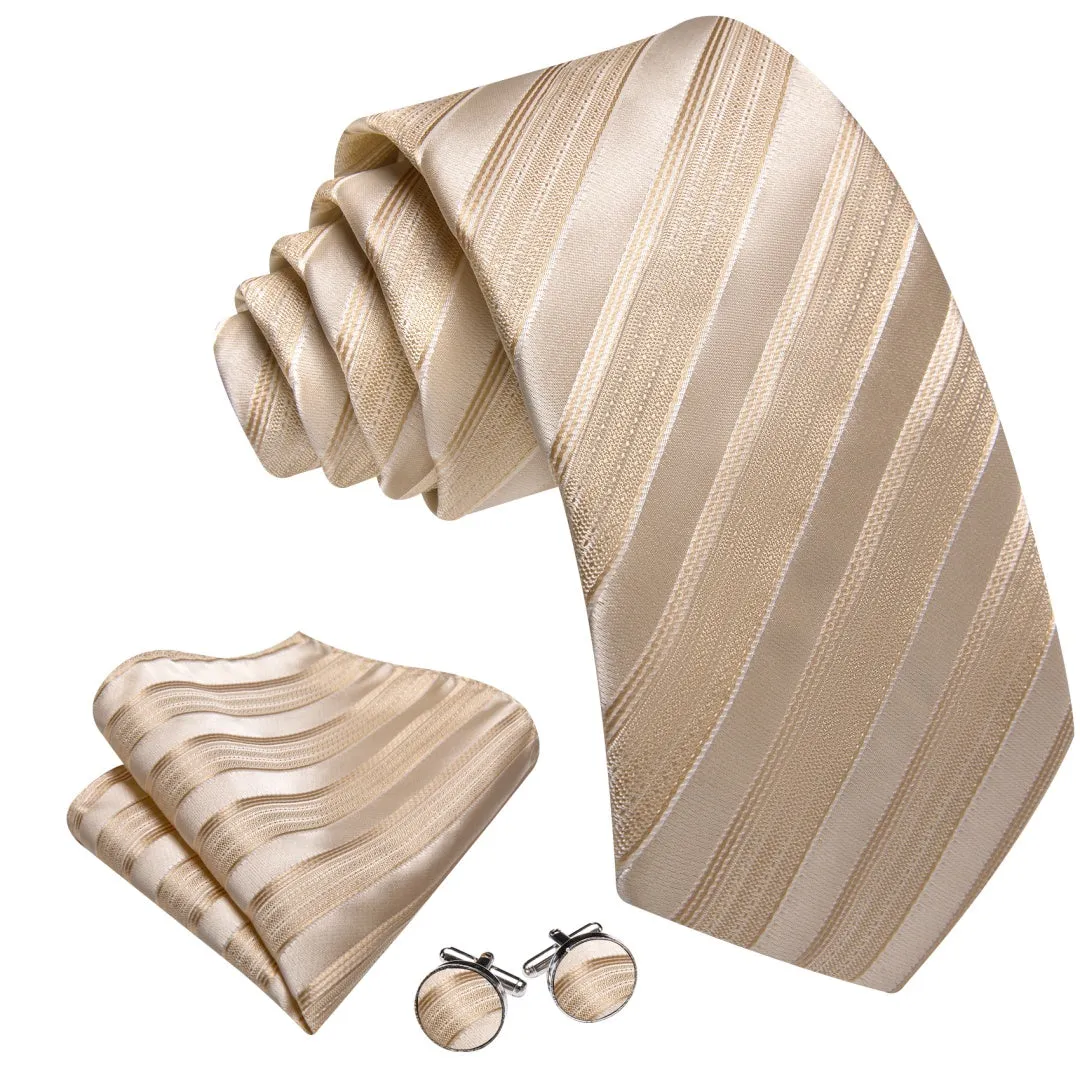 Barry. Wang Champagne Striped Tie Mens Silk Tie Pocket Square Cufflinks Set sold by Barrywang product image thumbnail 2