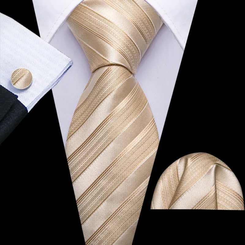 Barry Wang Champagne Striped Tie Mens Silk Tie Pocket Square Cufflinks Set sold by Barrywang