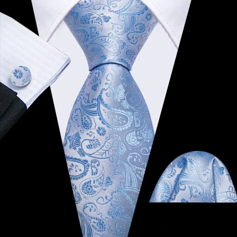Barry. Wang Silk Light Blue Paisley Ties for Men Wedding Necktie Set sold by Barrywang