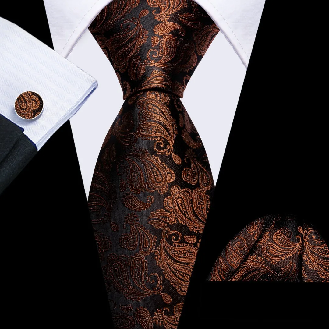 Barry. Wang Sik Paisley Tie Chocolate Brown Tie Pocket Square Cufflinks Set sold by Barrywang