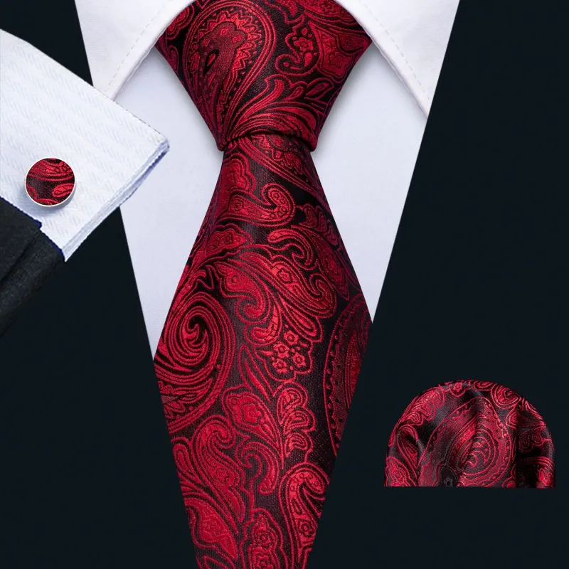 BarryWang Mens Wedding Tie Black Red Paisley Necktie Pocket Square Cufflinks sold by Barrywang