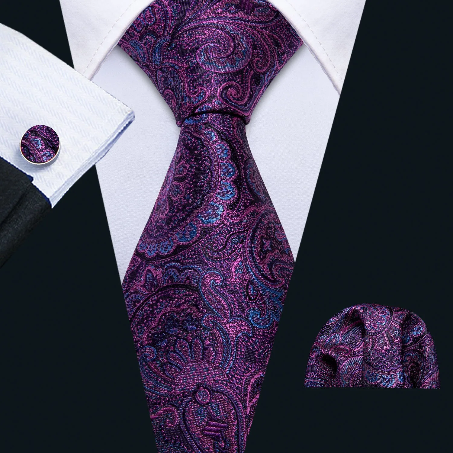 Barry Wang Ties Purple Paisley Men Necktie Pocket Square Cufflinks Set sold by Barrywang