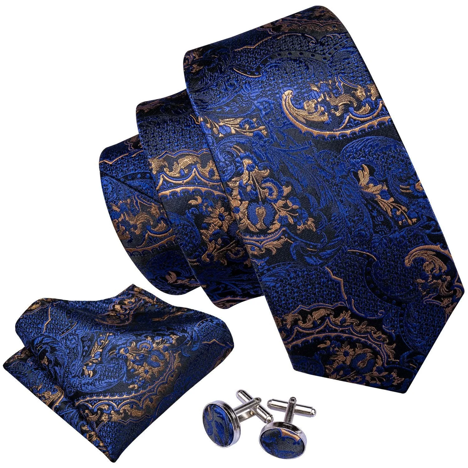 Barry. Wang BarryWang Blue Golden Paisley Tie Pocket Square Cufflinks Set sold by Barrywang product image thumbnail 2