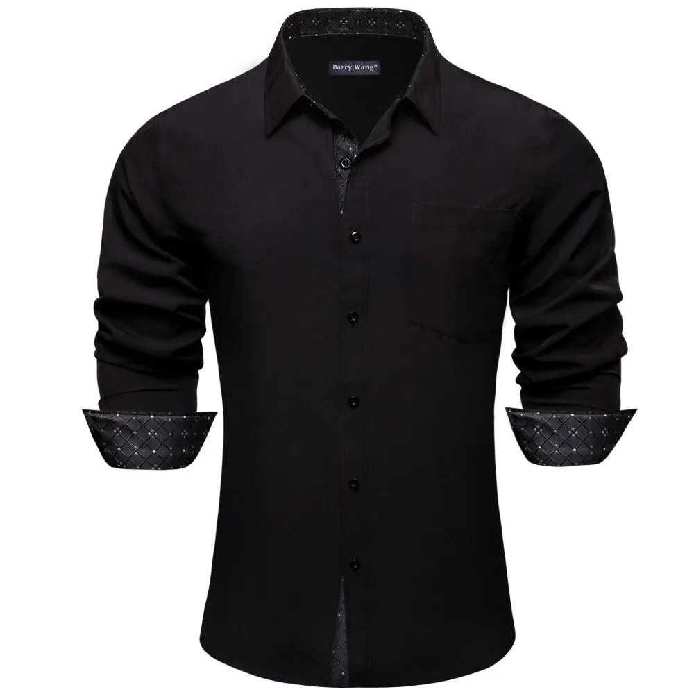 Barry. Wang Black Shirt With White Polka Dot Splicing Long Sleeve Silk Shirt sold by Barrywang