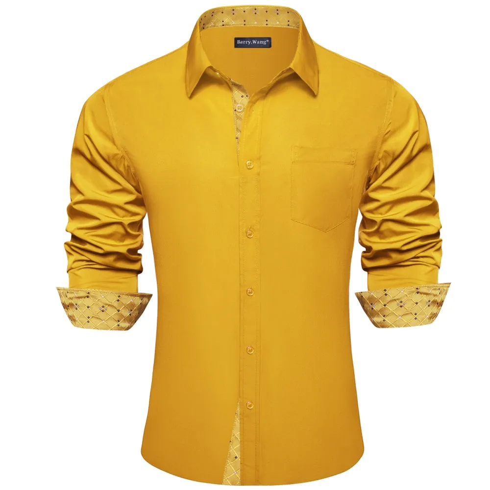 Barry. Wang Goldenrod Yellow Shirt With Polka Dot Splicing Long Sleeve Silk Shirt sold by Barrywang
